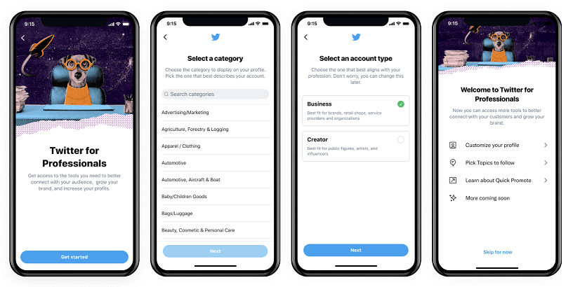 Twitter umożliwia utworzenie kont biznesowych, które dają dostęp do dodatkowych funkcji, jak np.: listy produktów, czy informacji biznesowych.