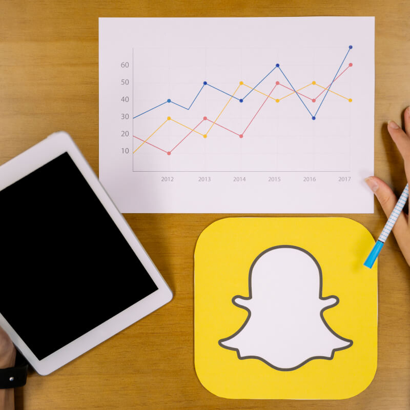 Stół z tabletem, wykresem i logo aplikacji Snapchat