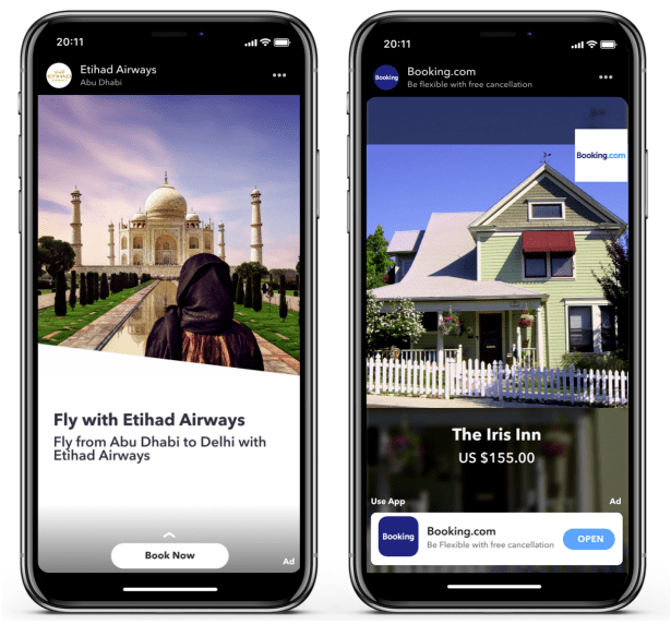 Przykładowe reklamy podróżnicze na Snapchacie.