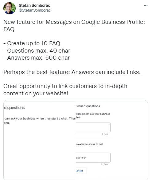 Tweet zawierający opis najnowszej aktualizacji Google. 