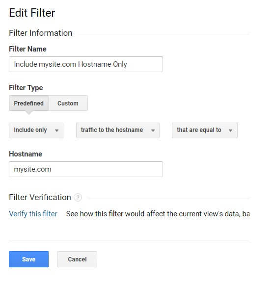 Zrzut ekranu pokazujący opcję edytowania filtrów raportów w Google Analytics.