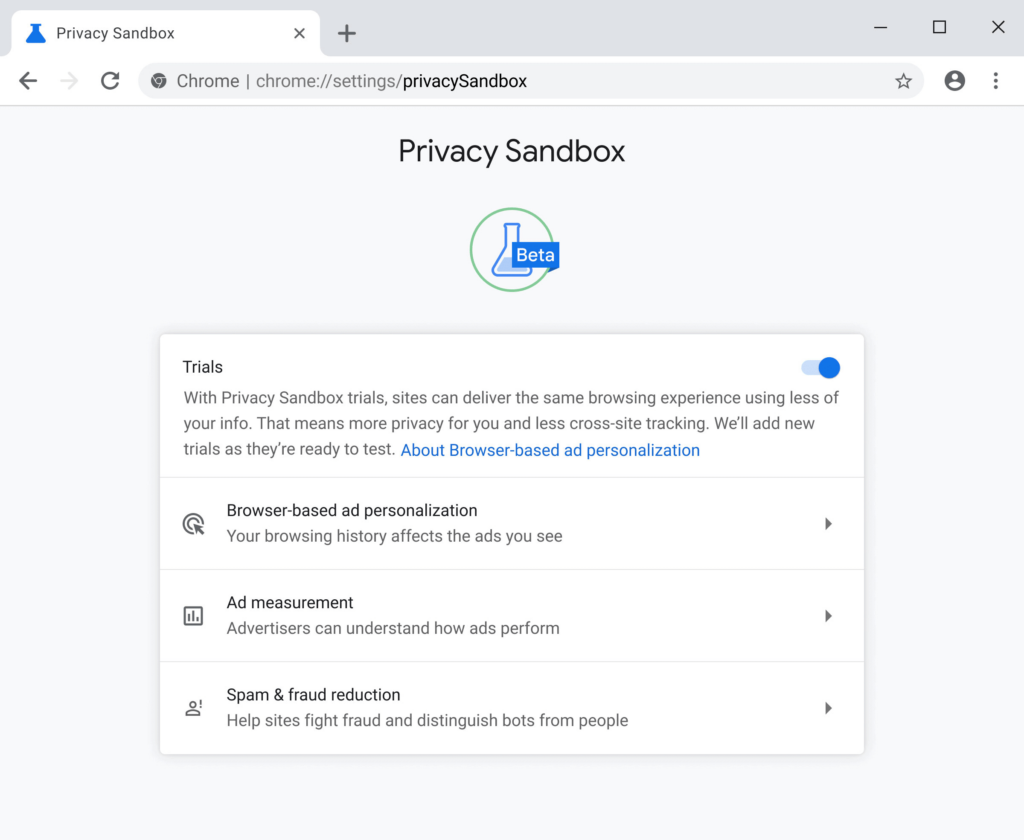 Zrzut ekranu z informacjami na temat Google Privacy Sandbox