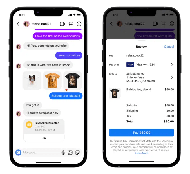 Proces robienia zakupów za pomocą czatu na Instagramie