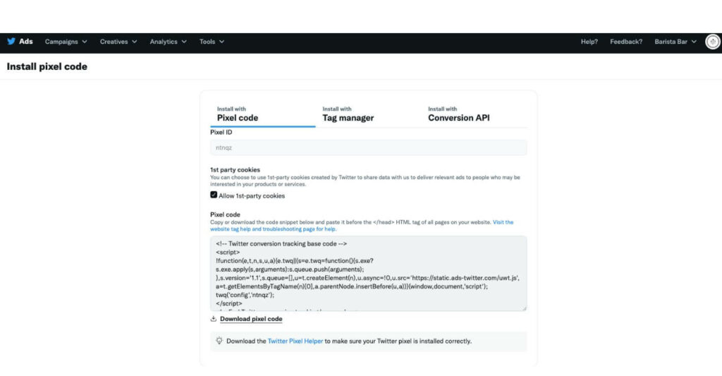 Zrzut ekranu przedstawiający narzędzie Pixel Helper na Twitterze.