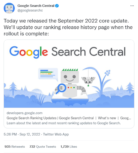 Tweet Google Search Central z informacją o rozpoczęciu aktualizacji rdzenia.