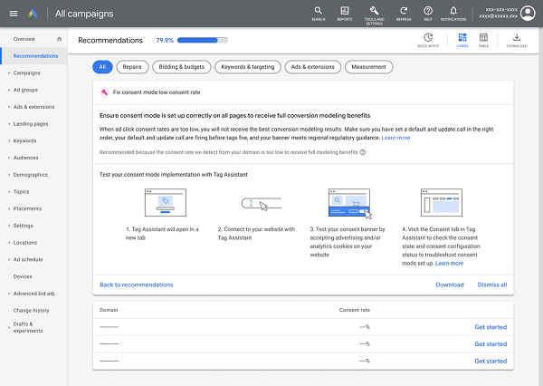 Zrzut ekranu przedstawiający funkcje trybu zgody w Google Ads.