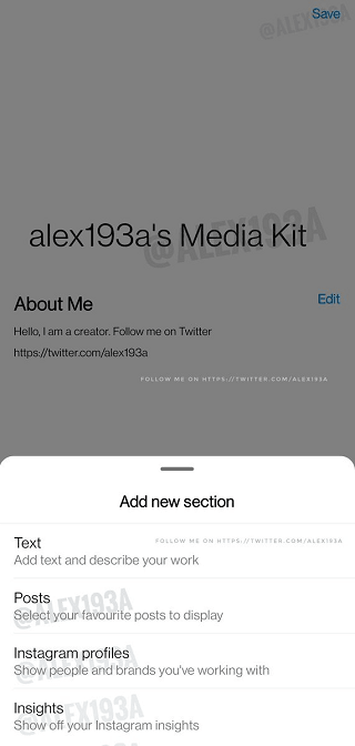 Zrzut ekranu, przedstawiający nową funkcję Media Kit na Instagramie