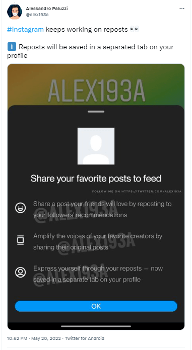 Zrzut ekranu funkcji Repost na Instagramie.