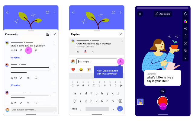 Zrzut ekranu, przedstawiający nową metodę odpowiedzi na komentarze w YouTube Shorts. 