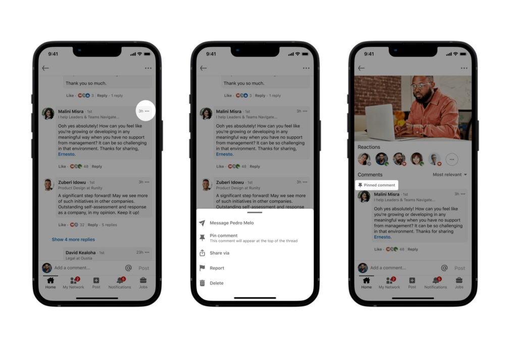 Zrzut ekranu z przedstawioną funkcja przypinania komentarza w LinkedIn