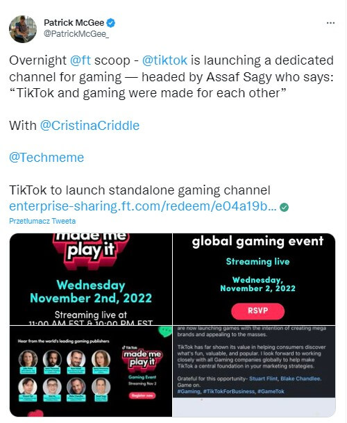 Tweet na temat gier na TikToku