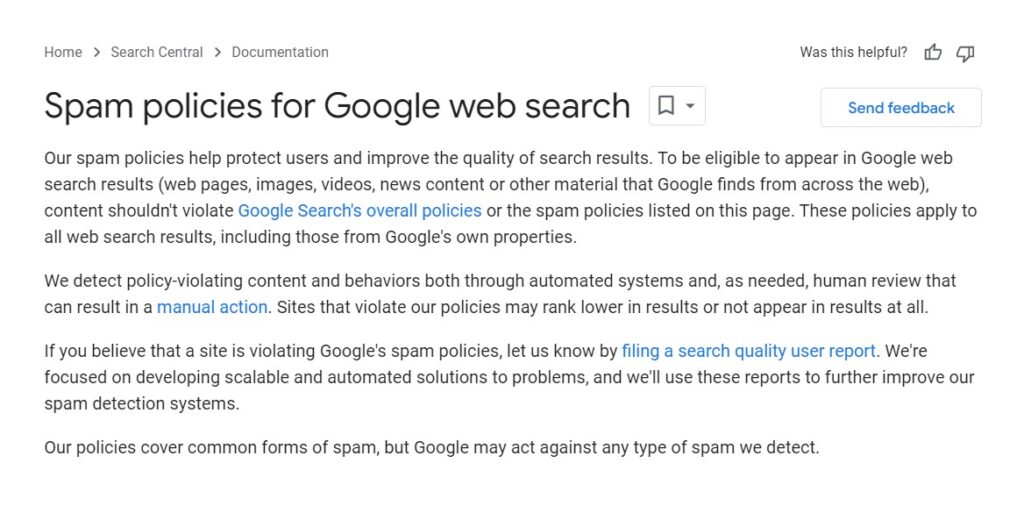 Zrzut ekranu nowych zasad dotyczących spamu w Google.
