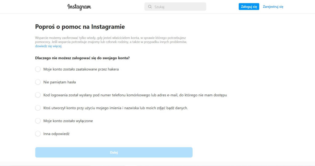 Nowa strona, ułatwiająca odzyskiwanie konta na Instagramie