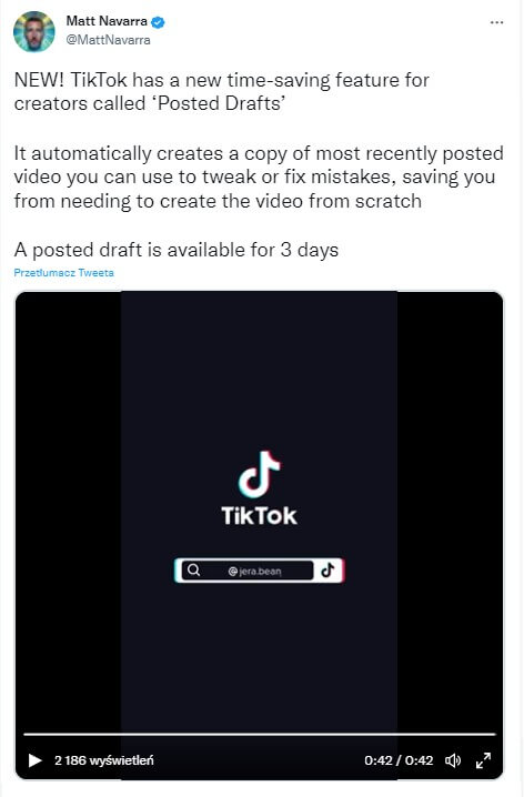 Zrzut ekranu z informacja o automatycznej wersji roboczej na TikToku