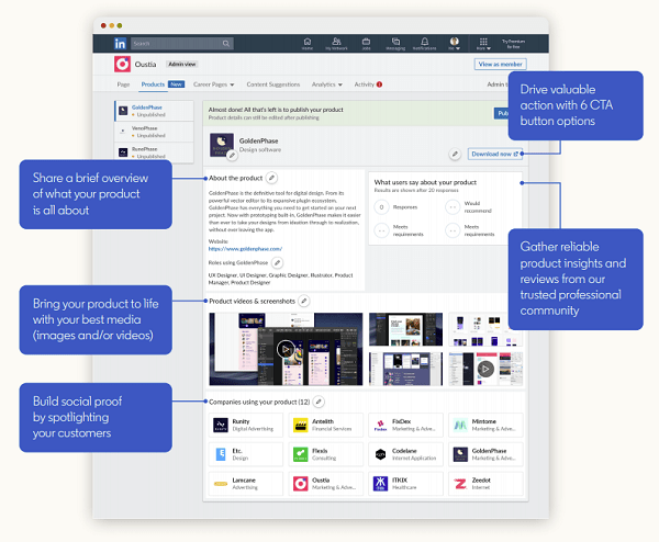 Zrzut ekranu nowej strony produktów dla firm w LinkedIn