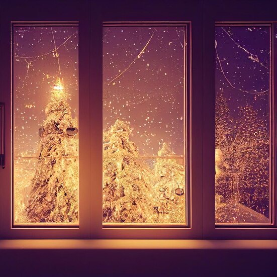 Obrazek przedstawia choinki za oknem w świątecznym klimacie.