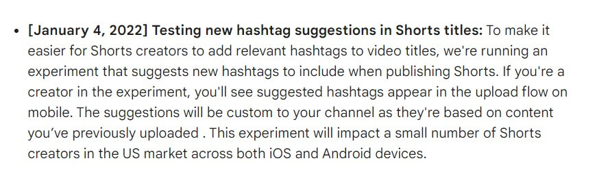 Zrzut ekranu ogłoszenia YouTube na temat testowania Hashtagów w Shorts