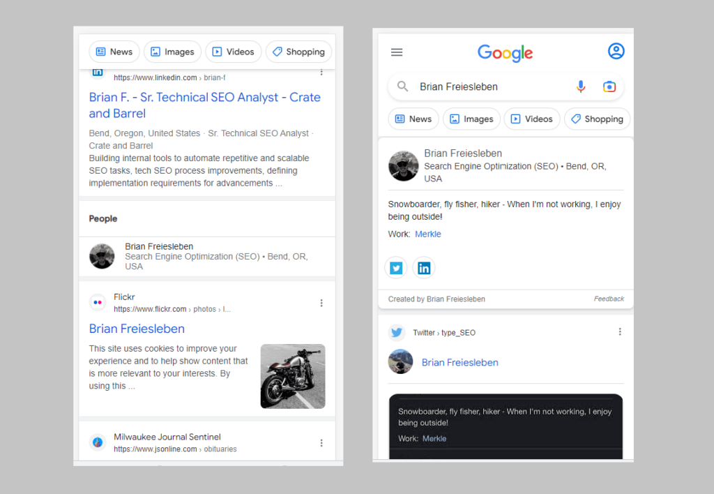 Zrzut ekranu przedstawiający karty osób w Google