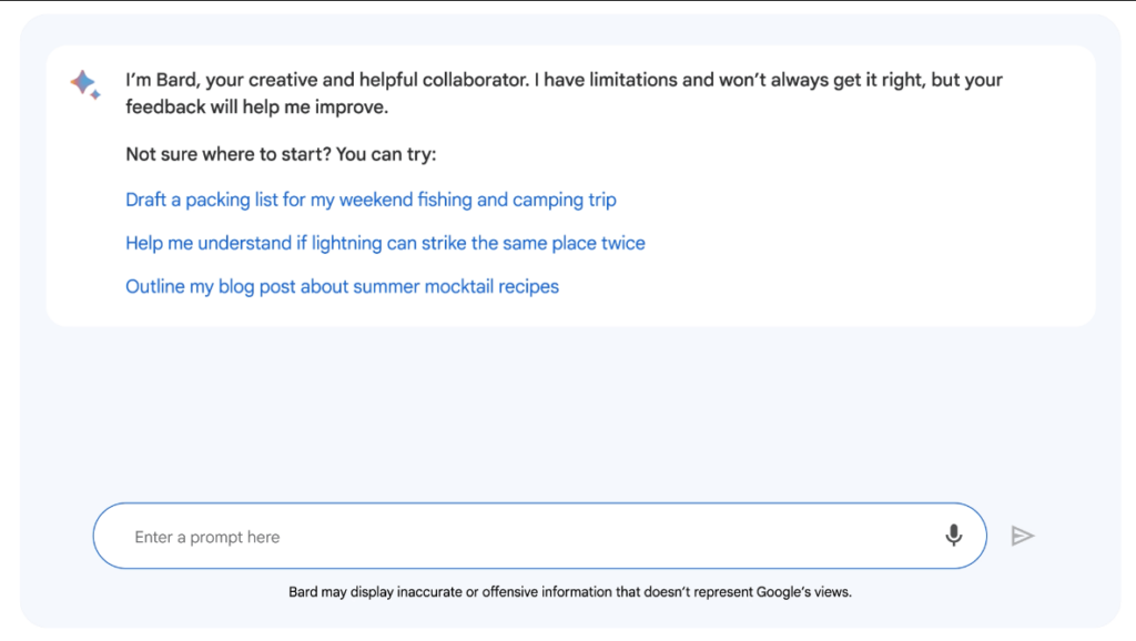 Zrzut ekranu przedstawiający chatbot Bard od Google