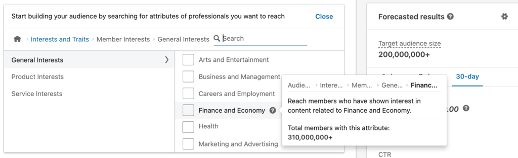 Zrzut ekranu przedstawiający kierowanie reklam według zainteresowań w LinkedIn