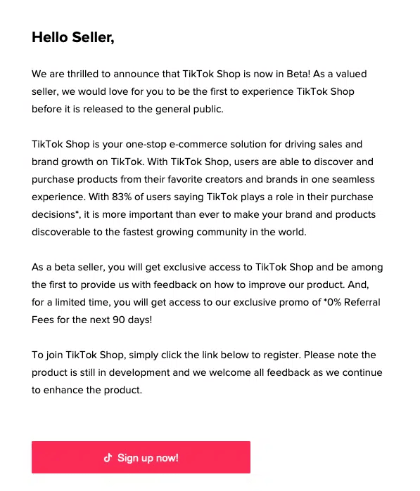 Zrzut ekranu wiadomości e-mail z informacją, że Sklep TikTok jest już dostępny w wersji beta.