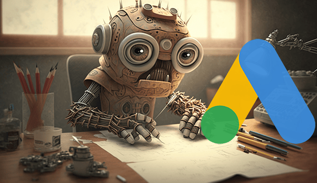 Robot siedzący przy biurku jako sztuczna inteligencja przy logo Google Ads