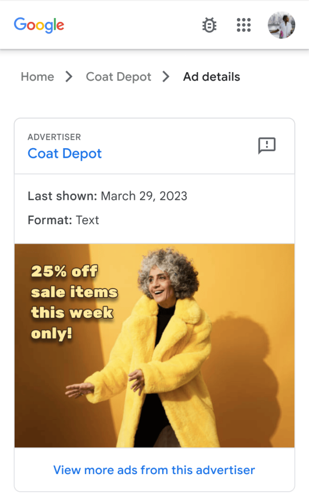 Zrzut ekranu przedstawiający przykładową kampanię w Centrum przejrzystości reklam od Google.