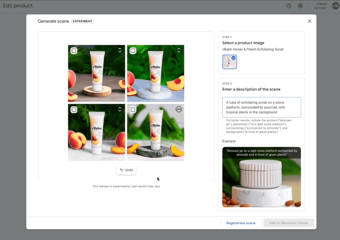 Zrzut ekranu przedstawiający jak sztuczna inteligencja w Google Ads generuje tło do zdjęć produktowych