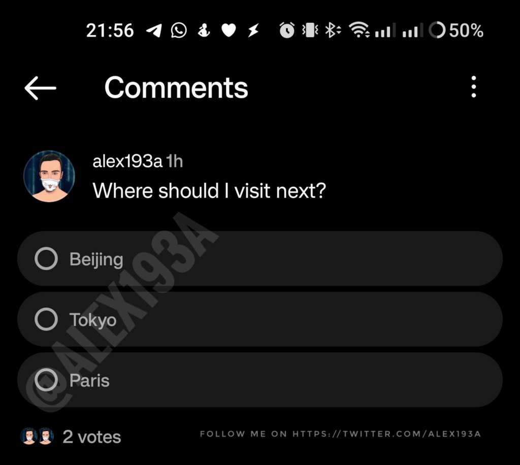Zrzut ekranu przedstawiający ankiety w komentarzach w aplikacji Instagram