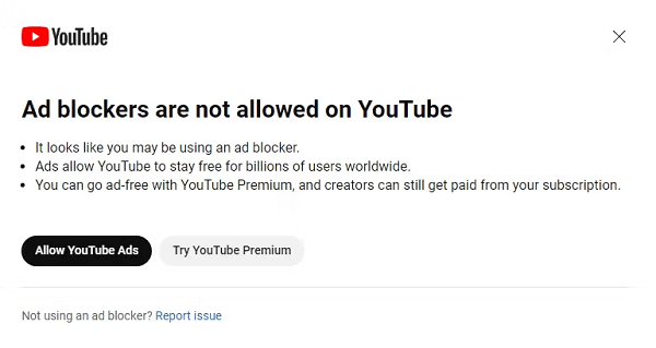 Zrzut ekranu z informacją o zakazie na blokowanie reklam w YouTube