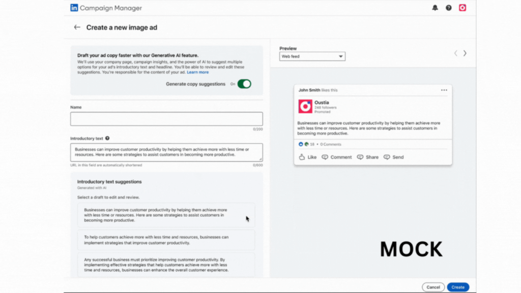 Zrzut ekranu przedstawiający jak sztuczna inteligencja pomaga w tworzeniu reklam w LinkedIn