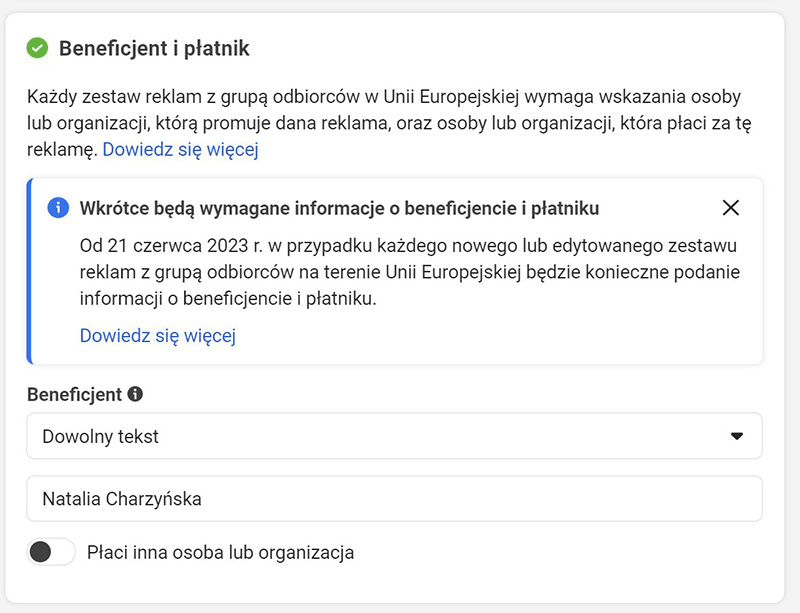 Zrzut ekranu przedstawiający panel Beneficjent i płatnik w reklamach na Facebooku 