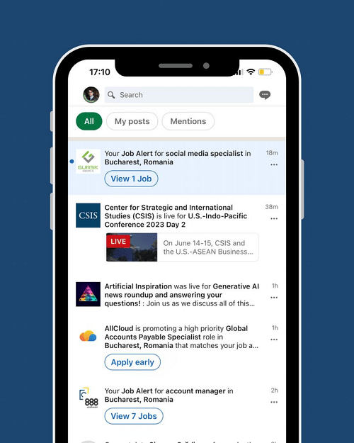 Zrzut ekranu przedstawiający telefon i filtry powiadomień na platformie LinkedIn