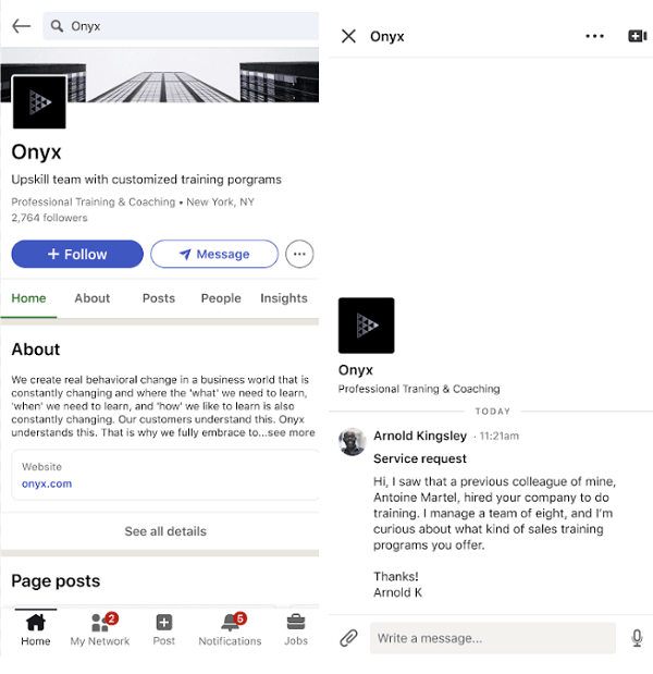 Zrzut ekranu przedstawiający DM dla firm w LinkedIn