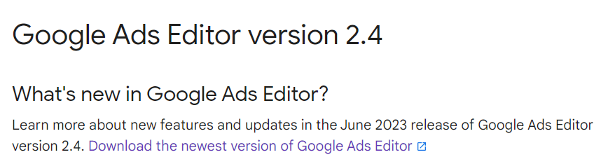 Zrzut ekranu ogłoszenia Google, że Edytor 2.4 jest już dostępny