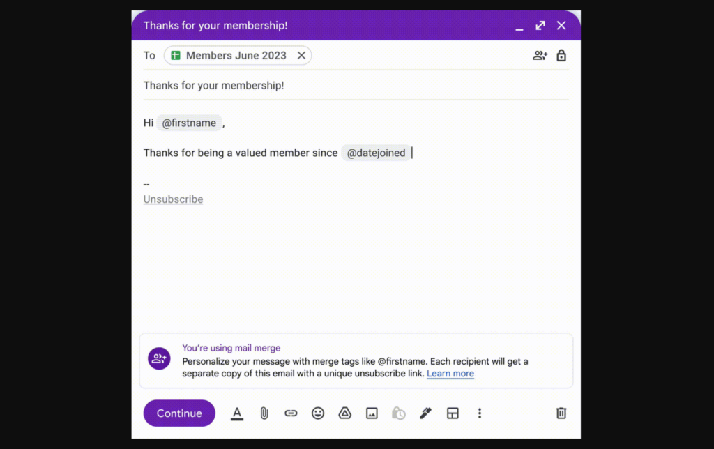 Zrzut ekranu przedstawiający, jak wygląda korespondencja seryjna w Gmailu