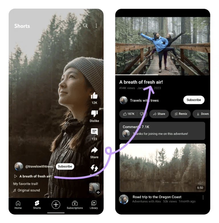 Zrzut ekranu przedstawiający linki do filmu w YouTube Shorts
