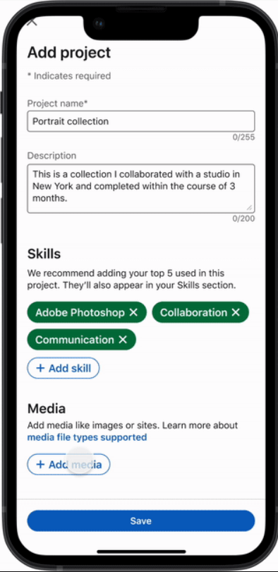 Zrzut ekranu funkcji jaką jest podkreślanie umiejętności użytkownika LinkedIn w zakładce Informacje