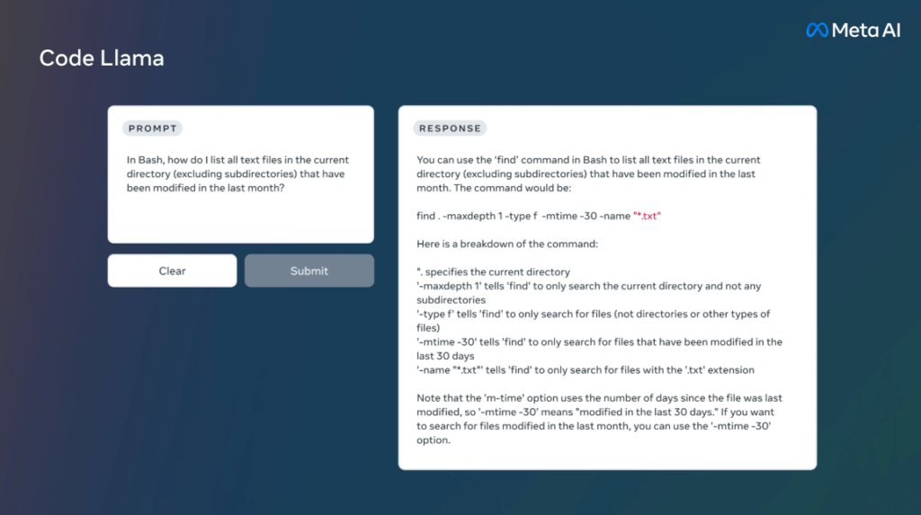 Zrzut ekranu przedstawiający działanie narzędzia Code Llama od Meta