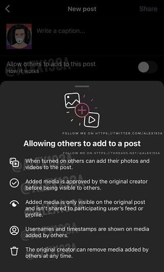 Zrzut ekranu aktualizacji rozszerzającej możliwości współtworzenia postów na platformie Instagram