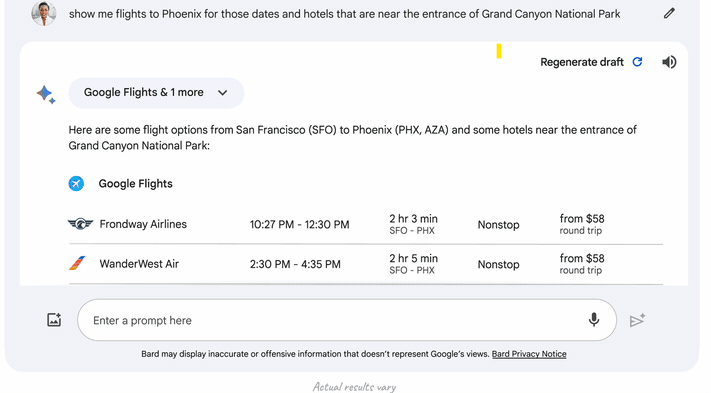 Zrzut ekranu przedstawiający sztuczną inteligencję Bard analizującą aplikacje Google w celu znalezienia odpowiednich lotów