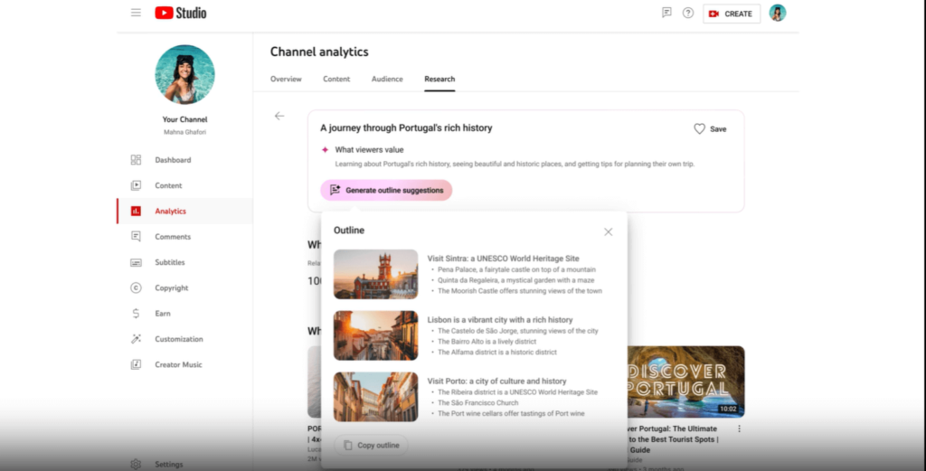 Zrzut ekranu przedstawiający nowe funkcje podpowiedzi pomysłów na YouTube