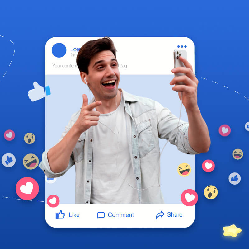 Grafika 3D postu na platformie Facebook z emotikonami dookoła