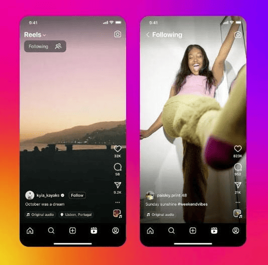 Zrzut ekranu przedstawiający nową zakładkę na Rolki obserwowanych osób w aplikacji Instagram