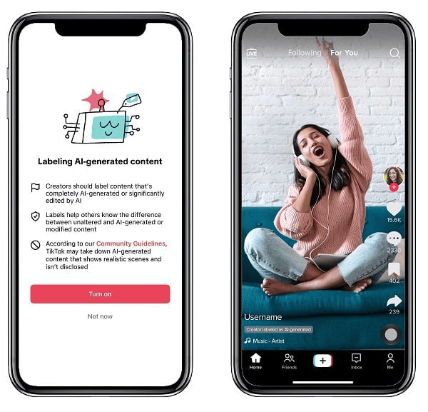 Grafika przedstawia ekrany dwóch telefonów, zawierające informacje na temat oznaczenia AI na platformie TIkTok 