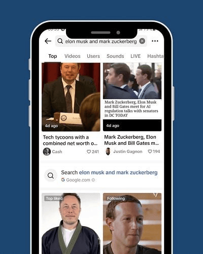 Zrzut ekranu z aplikacji TikTok pokazujący wyniki wyszukiwania Google