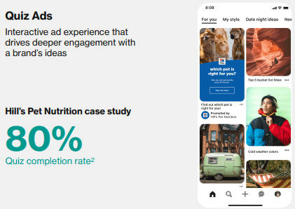 Zrzut ekranu przedstawiający narzędzia reklamowe w postaci Quiz Ads w aplikacji Pinterest 