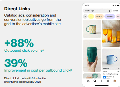 Zrzut ekranu przedstawiający narzędzia reklamowe w postaci bezpośrednich linków w aplikacji Pinterest 