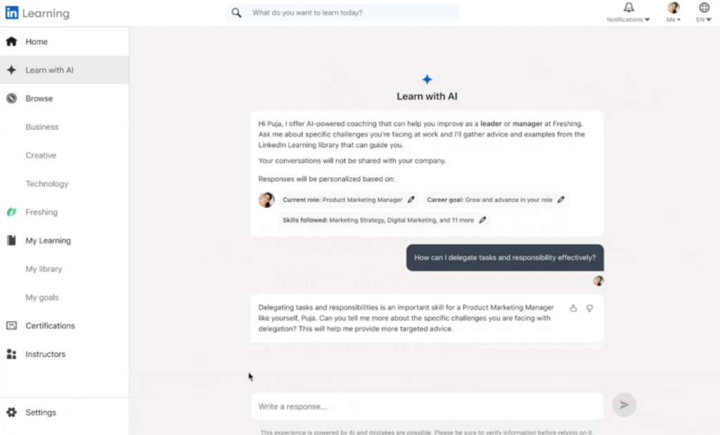 Zrzut ekranu przedstawiający LinkedIn Learning Coach