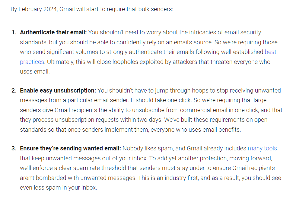 Zrzut ekranu ogłoszenia Gmail na temat tego, jak będą sprawdzane masowe maile